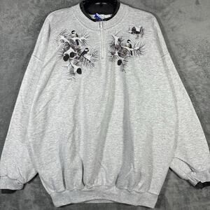 VINTAGE 90s Bird Print Sweatshirt Men's 2XL Pullover Half Zip Graphic Fleece